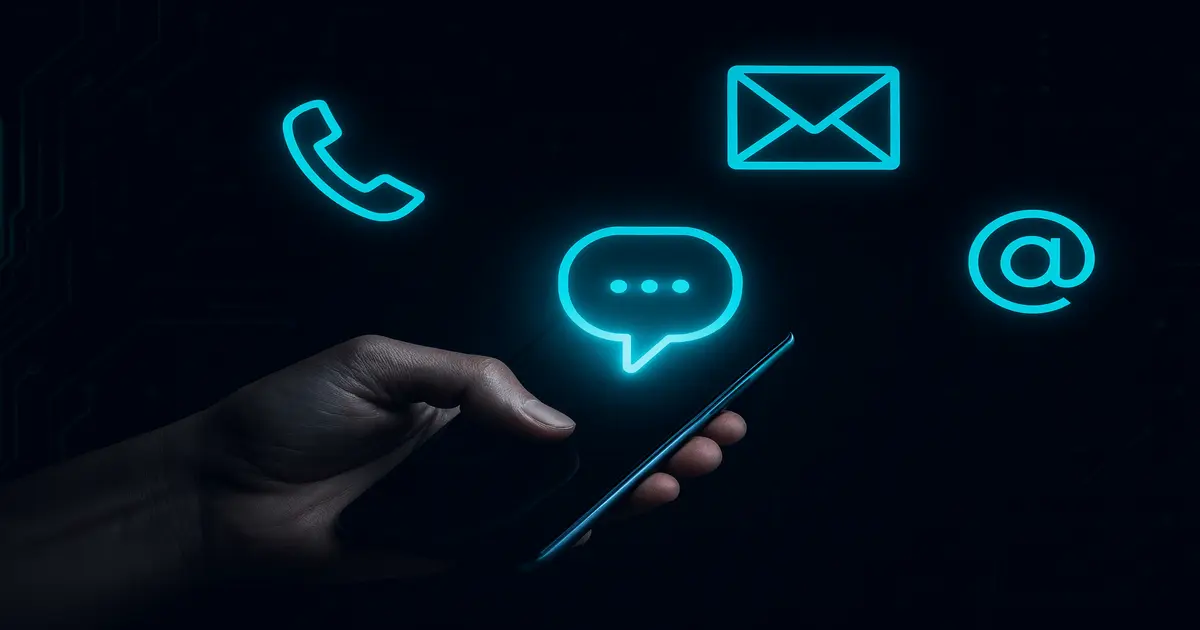 Mão segurando smartphone com ícones azuis de comunicação, representando contato e tecnologia no site tecnomia.