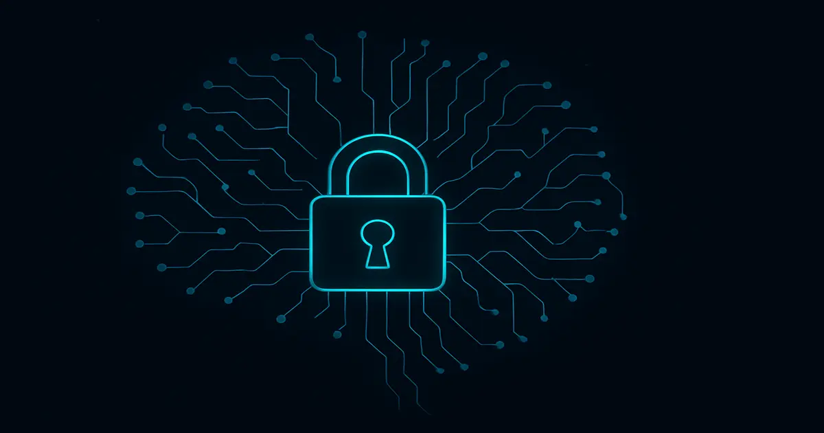 Cadeado com rede neural azul em fundo preto, simbolizando segurança digital e política de privacidade no site tecnomia.