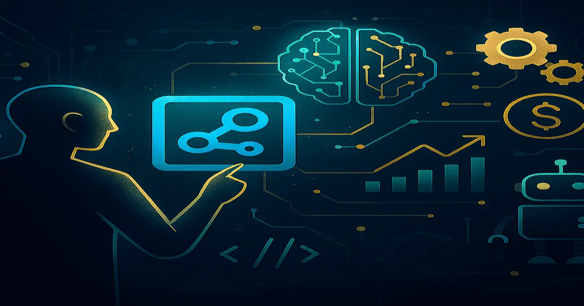 Ilustração futurista com figura humana interagindo com ícones digitais, representando o ecossistema tecnológico da Tecnomia.