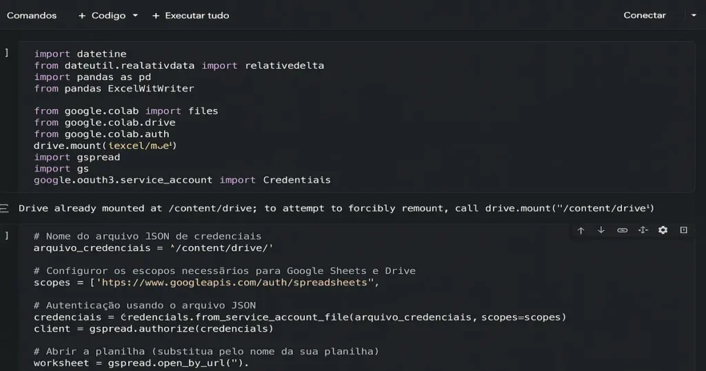 Tela de programação no Google Colab mostrando integração prática com a api do google sheets em Python.