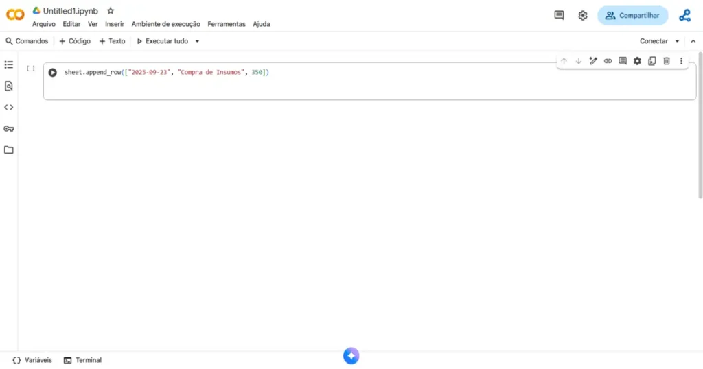 Exemplo no Google Colab mostrando como adicionar uma nova linha em planilha conectada à api do google sheets usando Python.