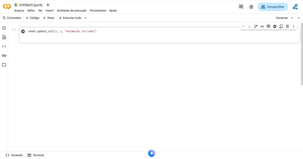 Exemplo prático no Google Colab atualizando célula específica de uma planilha integrada à api do google sheets com Python.