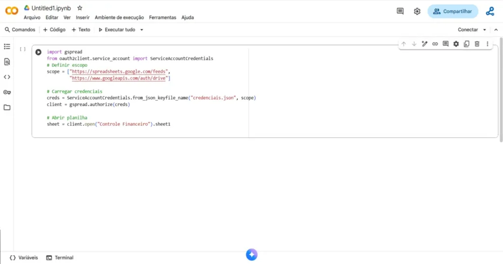 Exemplo no Google Colab mostrando conexão com a api do google sheets usando Python e credenciais JSON para abrir planilha financeira.