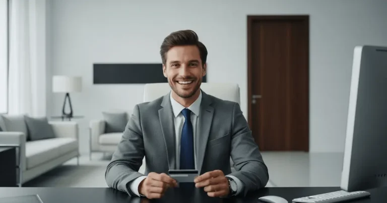 Homem sorridente de terno em escritório segurando cartão, representando erros do cartão de crédito e boas práticas financeiras.