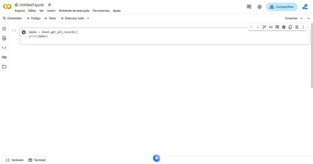 Exemplo em Python no Google Colab lendo dados de uma planilha conectada à api do google sheets usando o método get_all_records.