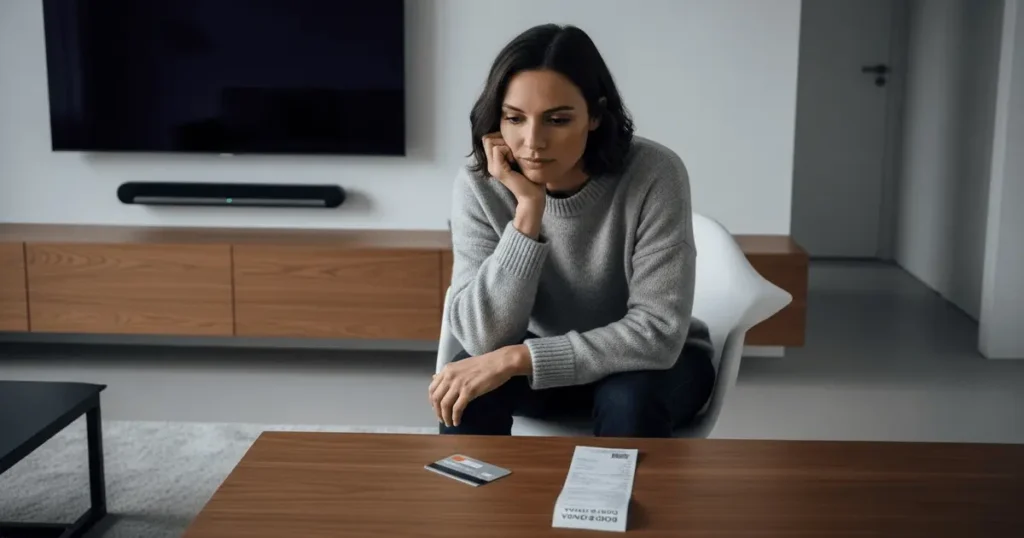Mulher pensativa em sala moderna olhando para boleto e cartão sobre a mesa, refletindo sobre erros do cartão de crédito.