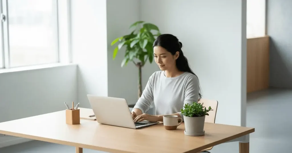 Mulher concentrada utilizando o Notion com IA em um ambiente limpo, iluminado e organizado, transmitindo foco e produtividade.