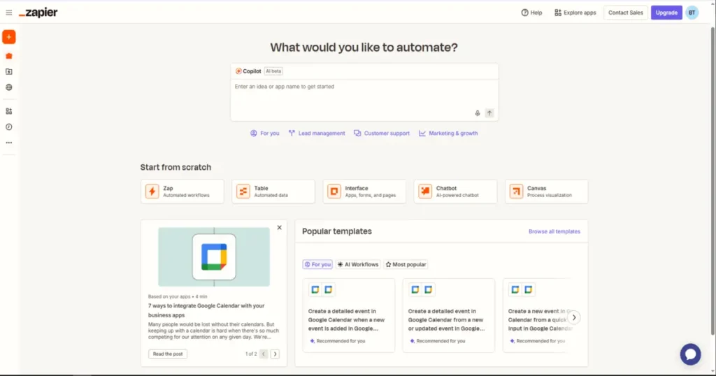 Como usar o zapier na tela inicial com campo Copilot e atalhos Zap, Table, Interface, Chatbot e Canvas em layout limpo.