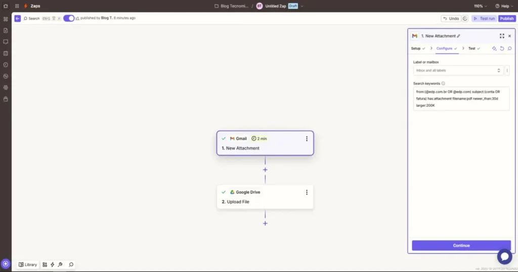Como usar o zapier configurado com gatilho New Attachment no Gmail, filtrando PDFs recentes para iniciar automações.