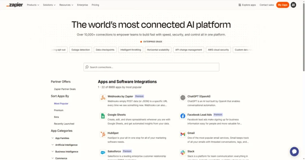 Como usar o zapier na página de integrações com busca e apps populares como Google Sheets, Webhooks, ChatGPT e Gmail.
