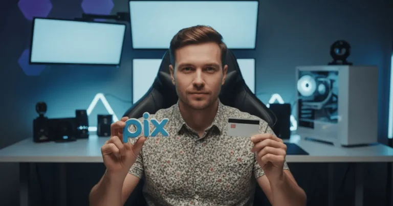 Jovem segurando símbolo do Pix e cartão de crédito em seu estúdio gamer, ilustrando o comparativo entre pix ou cartão de crédito.