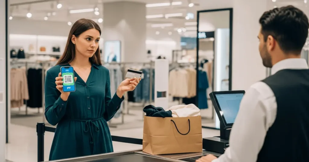 Mulher com celular exibindo QR Code e cartão genérico nas mãos, demonstrando dúvida entre pix ou cartão de crédito na loja.