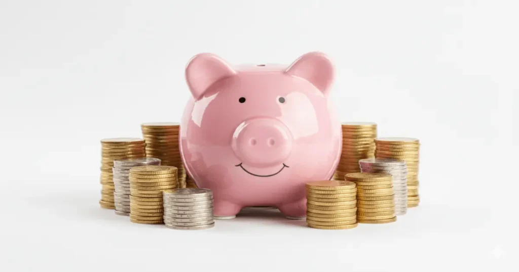 Porquinho de cerâmica rosa sorridente cercado por moedas empilhadas — resultado de quem aprendeu como guardar dinheiro todo mês.