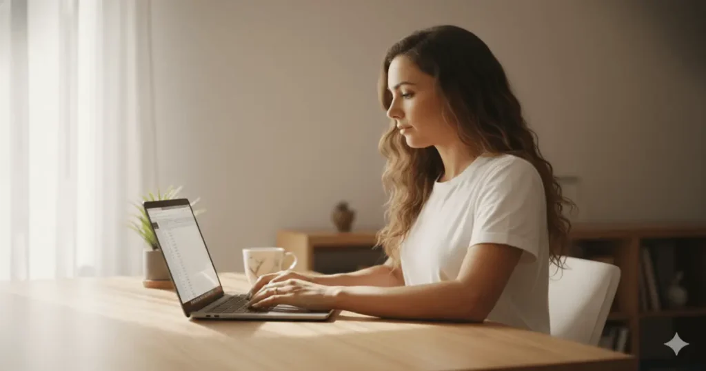 Mulher analisa planilha no notebook após decidir sair da corrida dos ratos e reorganizar sua vida financeira.