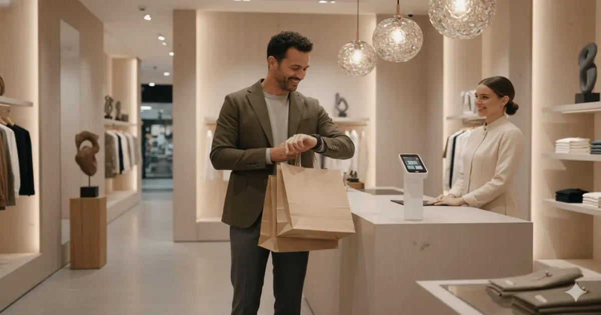 Homem realizando pagamento pelo Galaxy Watch Ultra LTE 47mm no caixa de uma loja sofisticada.