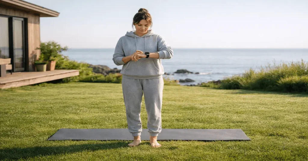 Mulher descalça no tapete de yoga configurando o Galaxy Watch Ultra LTE 47mm ao ar livre beira-mar.