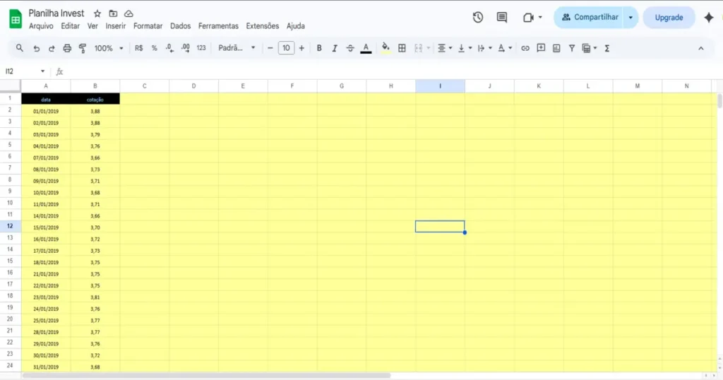 Planilha com histórico de cotação mostrando como integrar a API do dólar no google sheets na prática.