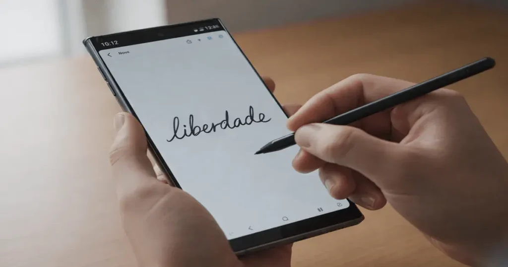 Motivos pelos quais não troco o meu Galaxy pelo iPhone: mão usando S Pen no Samsung Notes.