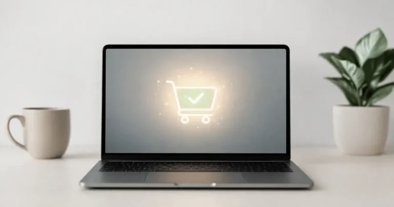 Notebook em mesa com carrinho de compras luminoso na tela, representando o que é cashback em compras online.