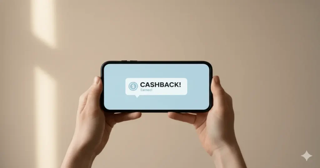 Mãos segurando smartphone na horizontal com notificação na tela, mostrando o que é cashback no aplicativo.