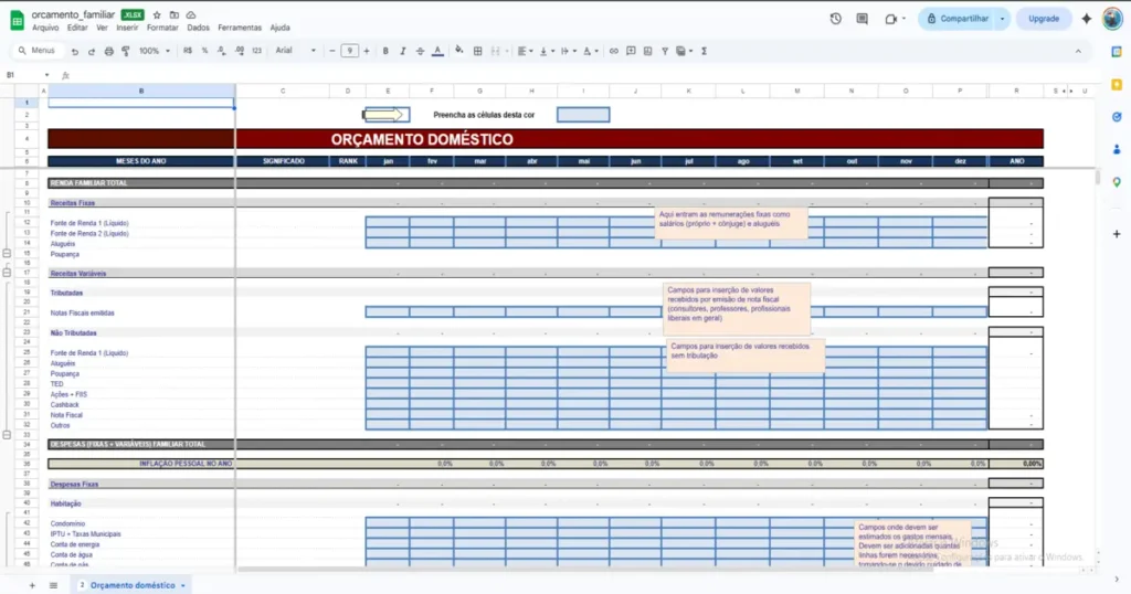 Visão completa da Planilha de Orçamento Doméstico no Google Sheets com receitas, despesas, inflação pessoal e categorias.