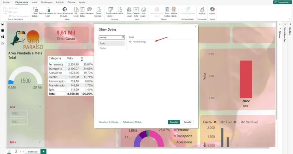 Como conectar Power BI ao Google Sheets: tela Obter Dados com busca por Planilhas Google no Power BI Desktop.