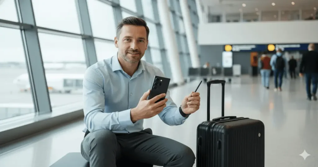 Homem executivo sentado no aeroporto segurando Samsung Galaxy Ultra e S Pen aguardando embarque.