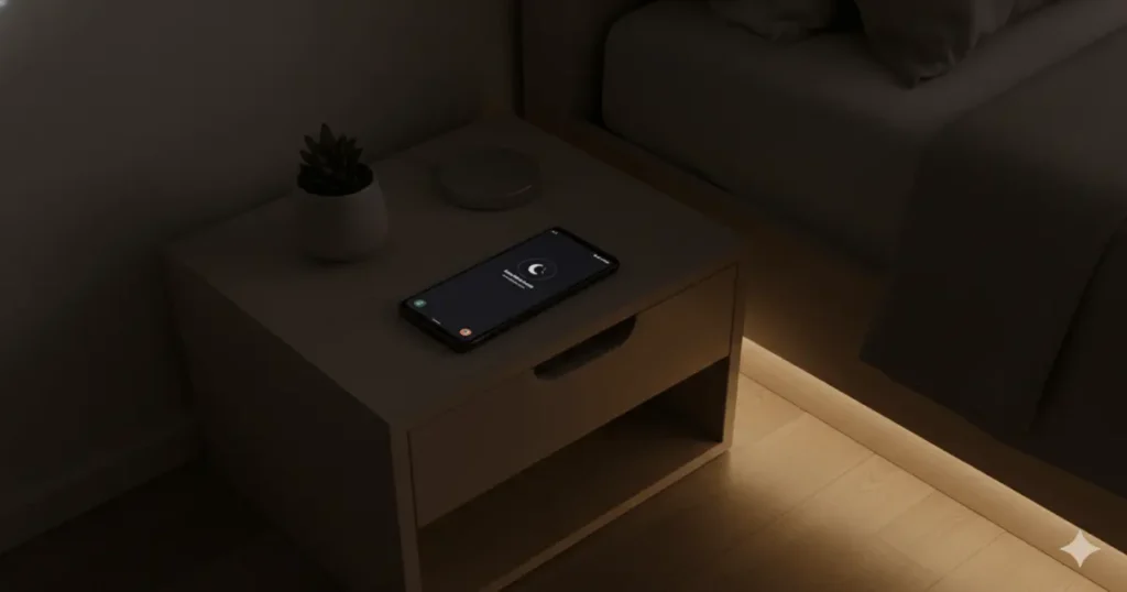 Samsung Routines ativo na tela do Galaxy sobre mesinha de cabeceira com rotina sono ativada em quarto escuro.