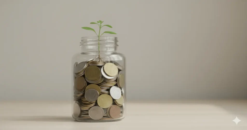 como começar a investir com pouco dinheiro — pote de moedas com planta crescendo, simbolizando crescimento financeiro gradual.