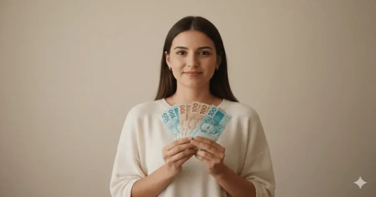 como começar a investir com pouco dinheiro — mulher tranquila segurando notas de real com expressão serena.