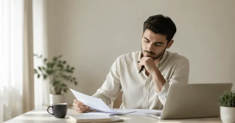 Pessoa analisando documentos financeiros do imposto de renda para tesouro direto antes da declaração.