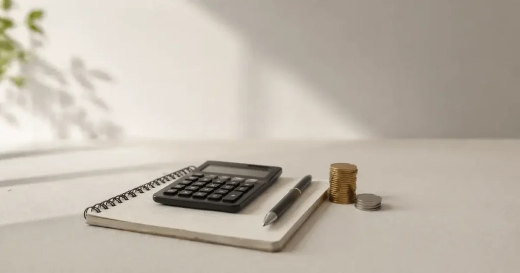 Calculadora, caderno e moedas organizadas representando controle financeiro ligado ao imposto de renda para tesouro direto.