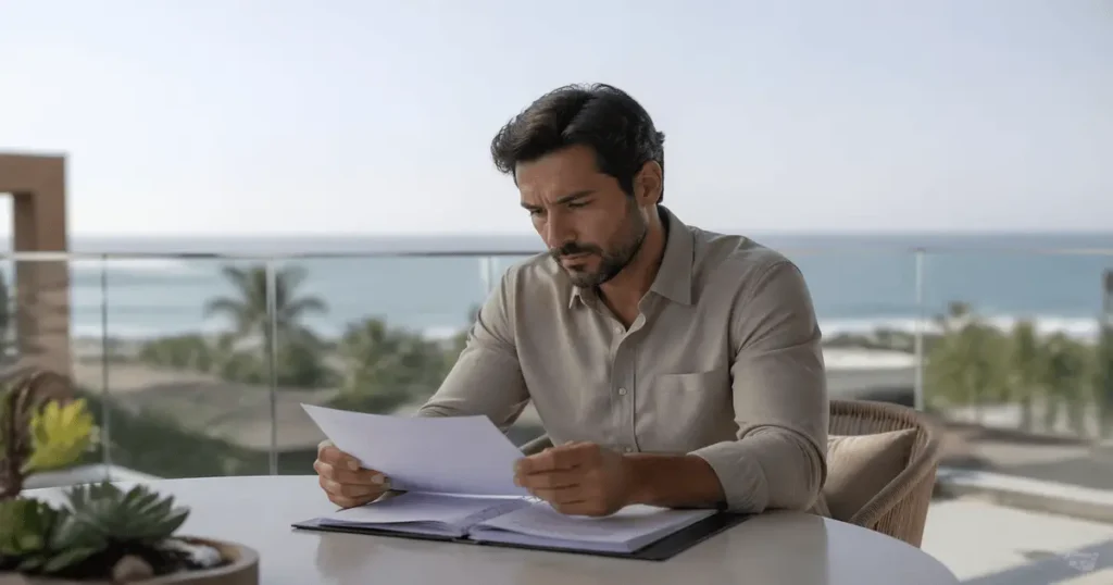 Homem analisa contrato de multipropriedade em varanda com vista para o mar antes de assinar.