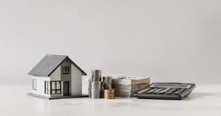 Miniatura de casa ao lado de moedas, notas e calculadora representando custos de multipropriedade.