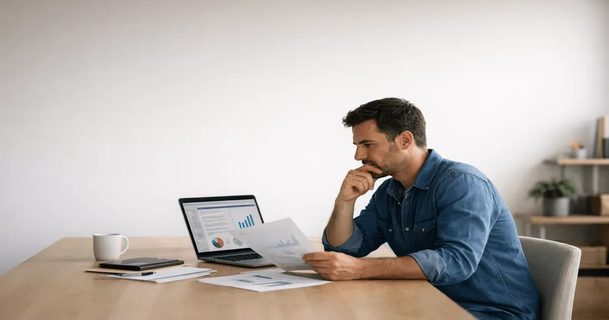 Homem analisando documentos financeiros e planilhas ao tomar a decisão de vender ou alugar imóvel.