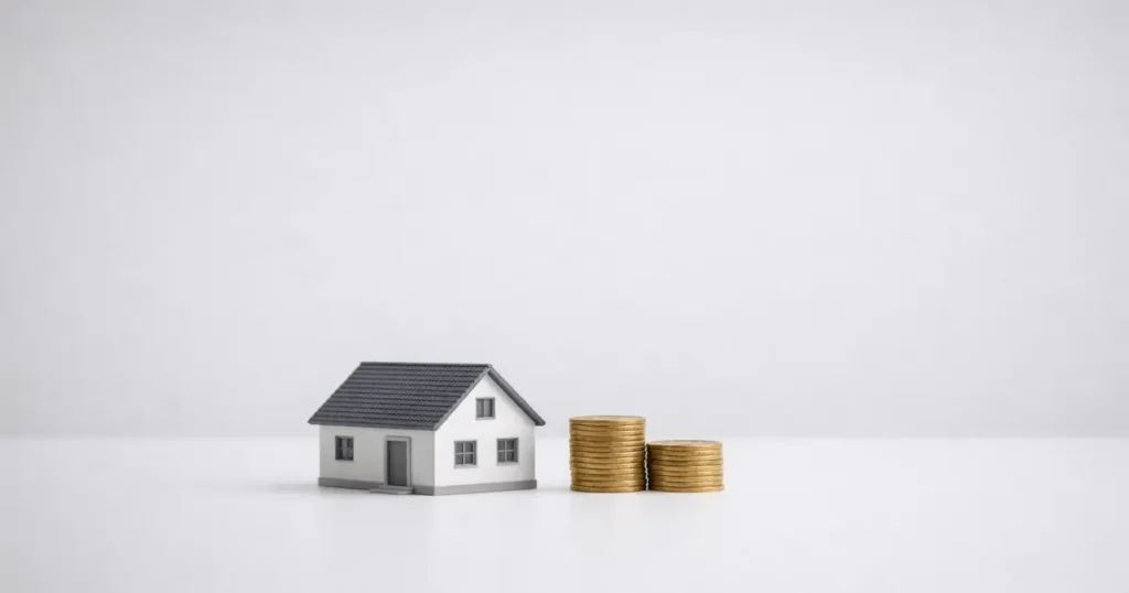 Miniatura de casa ao lado de pilhas de moedas representando a decisão de vender ou alugar imóvel.