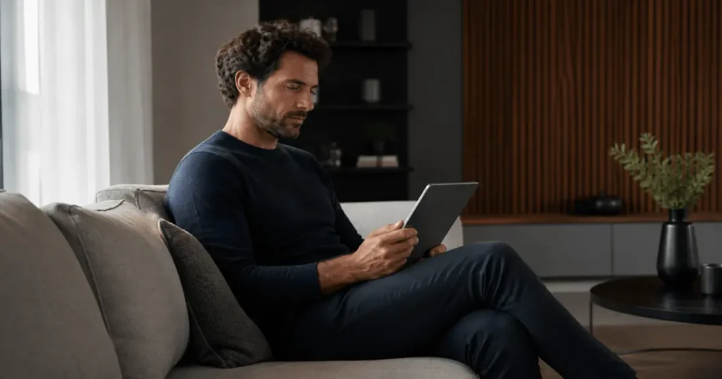 Homem investindo em FIIs lendo relatório de fundos imobiliários no tablet sentado no sofá.
