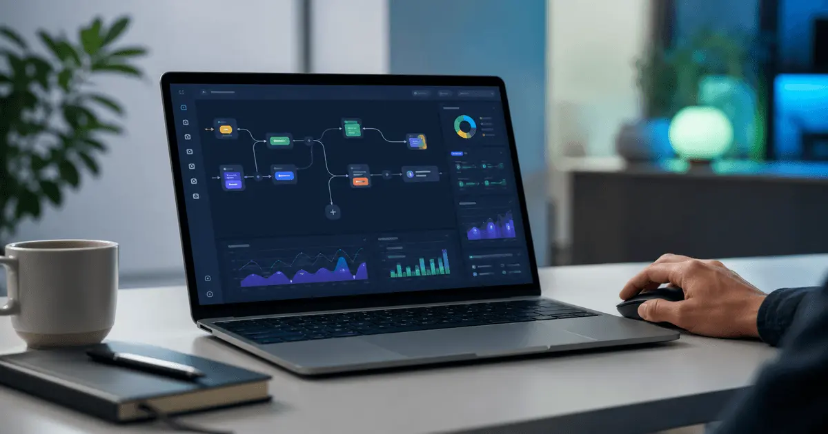 Notebook exibindo dashboard de automação, com fluxos conectados para explicar APIs públicas na prática.