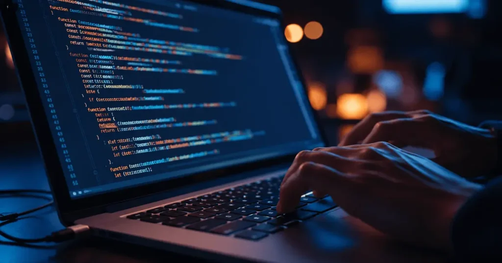 Mãos digitando código em notebook escuro, representando APIs públicas em projetos e automações digitais.