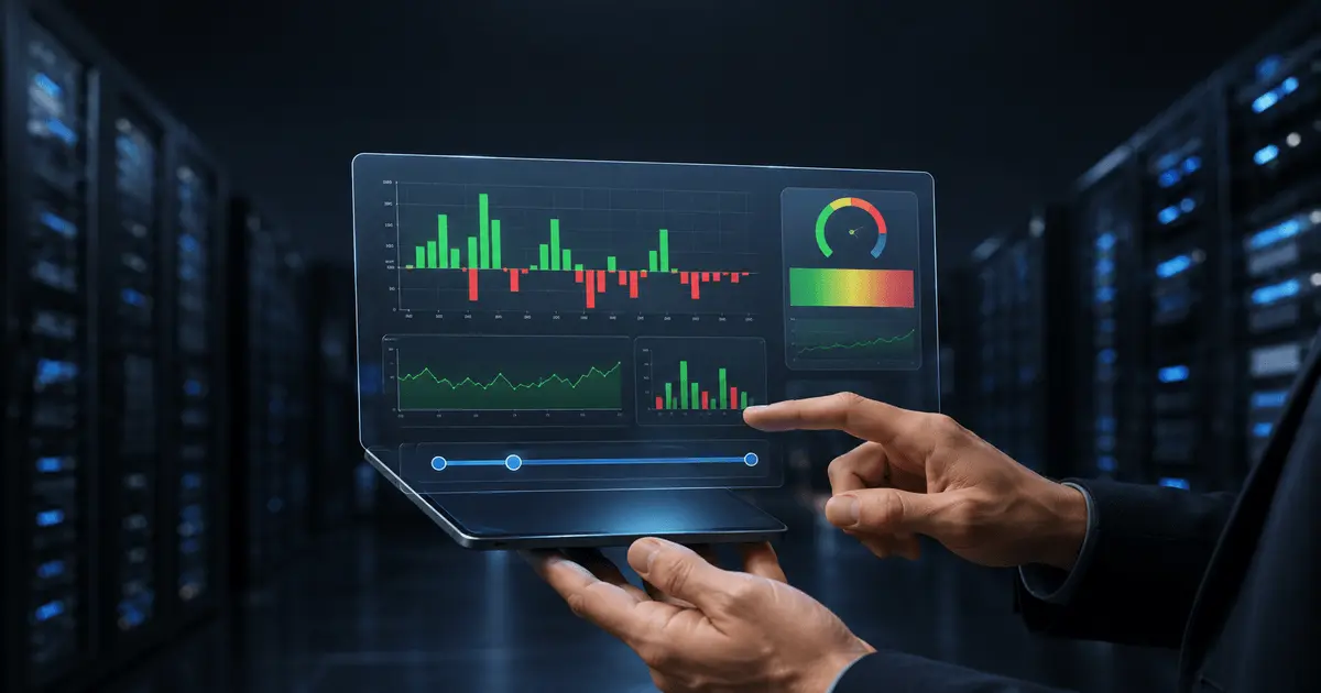 Mãos segurando tablet com dashboard Power BI exibindo gráficos verdes vermelhos e slider para controle de meta dinâmica.