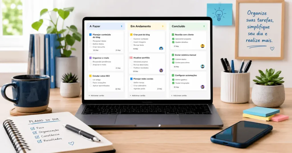 Quadro kanban no estilo Trello aberto no laptop com colunas A Fazer, Em Andamento e Concluído em home office.