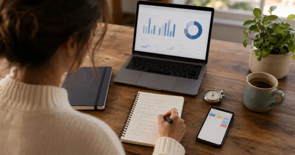 Mulher anota lista em caderno ao lado de notebook com dashboard financeiro, exemplo de ferramentas digitais na rotina.