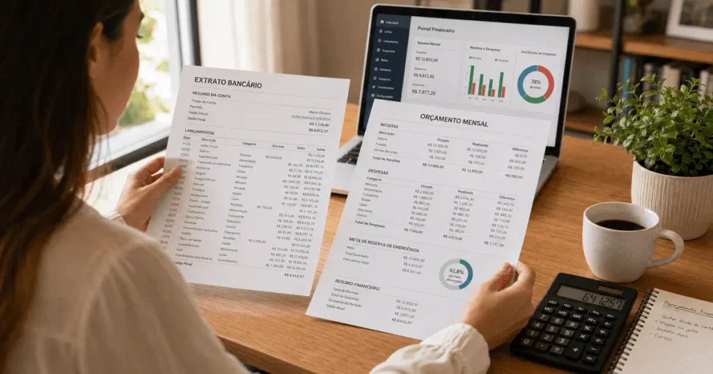 Mulher analisa extratos e planilhas financeiras enquanto organiza gastos e calcula sua reserva de emergencia mensal.
