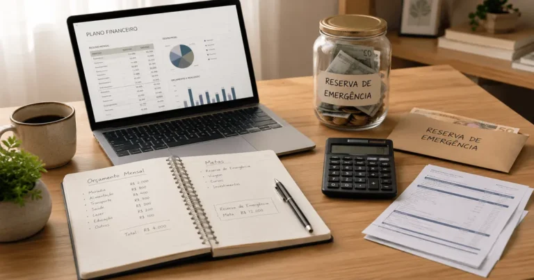 Mesa organizada com notebook, calculadora, caderno e pote de dinheiro representando uma reserva de emergencia planejada.