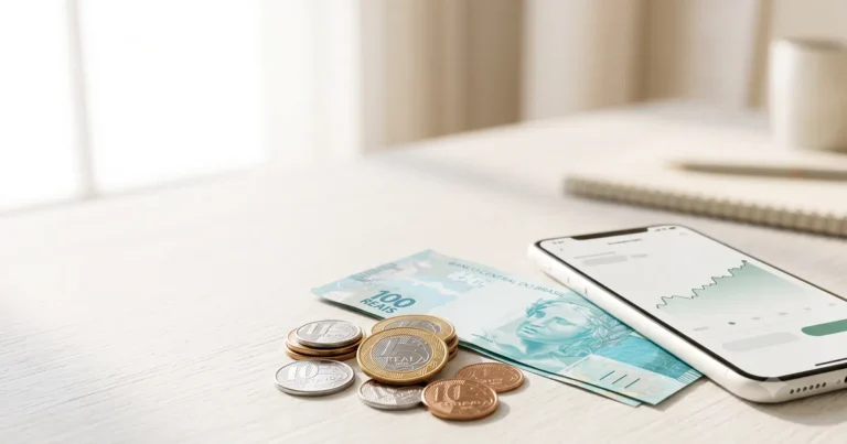 Moedas de real e celular com gráfico de rendimento representando o que é a taxa Selic e seu efeito nos investimentos.