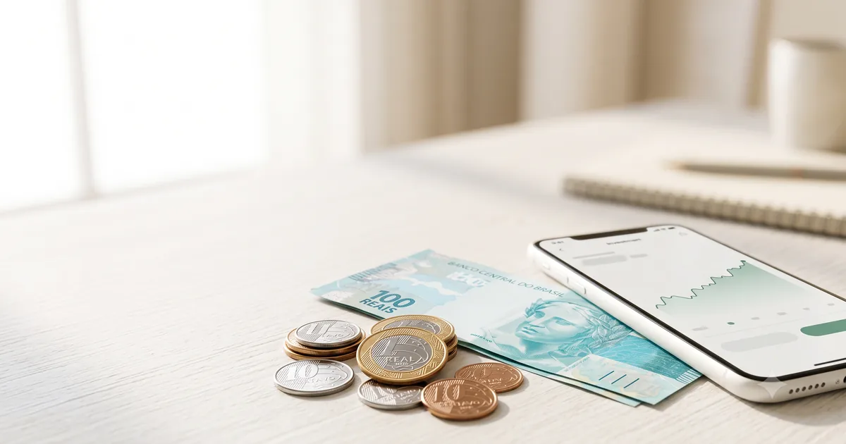 Moedas de real e celular com gráfico de rendimento representando o que é a taxa Selic e seu efeito nos investimentos.