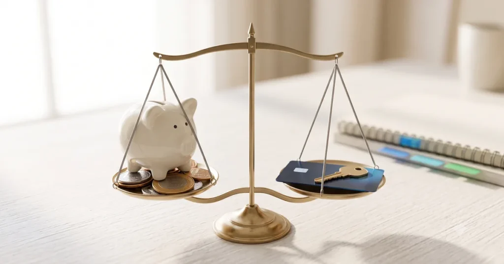 Balança equilibrando cofrinho e moedas de um lado e cartão de crédito do outro, mostrando o que é a taxa Selic no dia a dia.