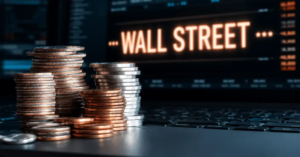Pilhas de moedas diante de um painel de Wall Street representam o mercado financeiro e a estratégia de Warren Buffett.