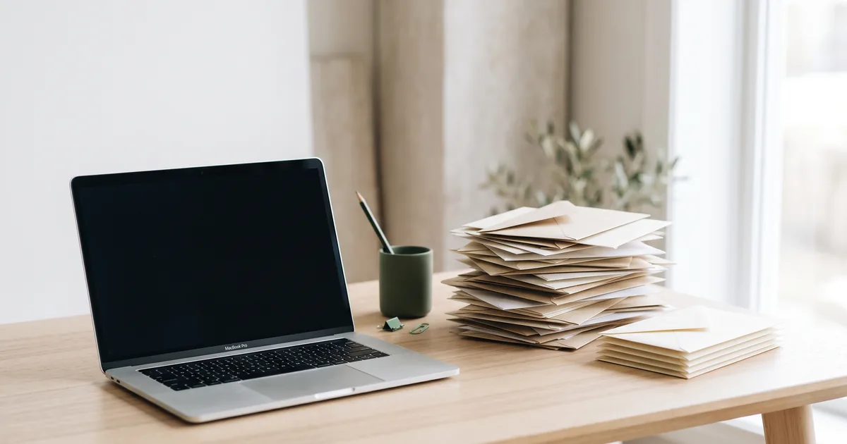 Filtros do Gmail: envelopes empilhados ao lado de um notebook sobre mesa clara.