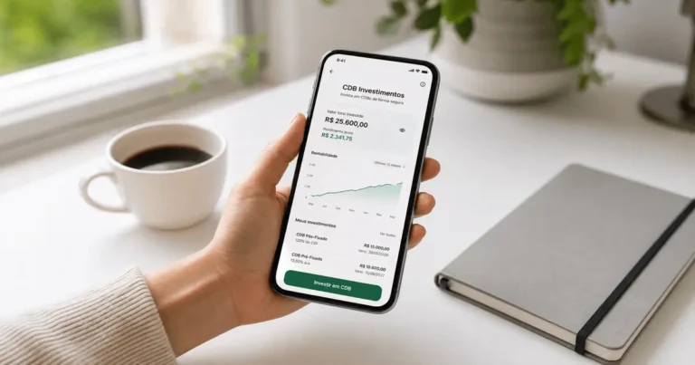 O que é CDB mostrado em aplicativo financeiro no smartphone, representando investimento, rendimento e acompanhamento digital.